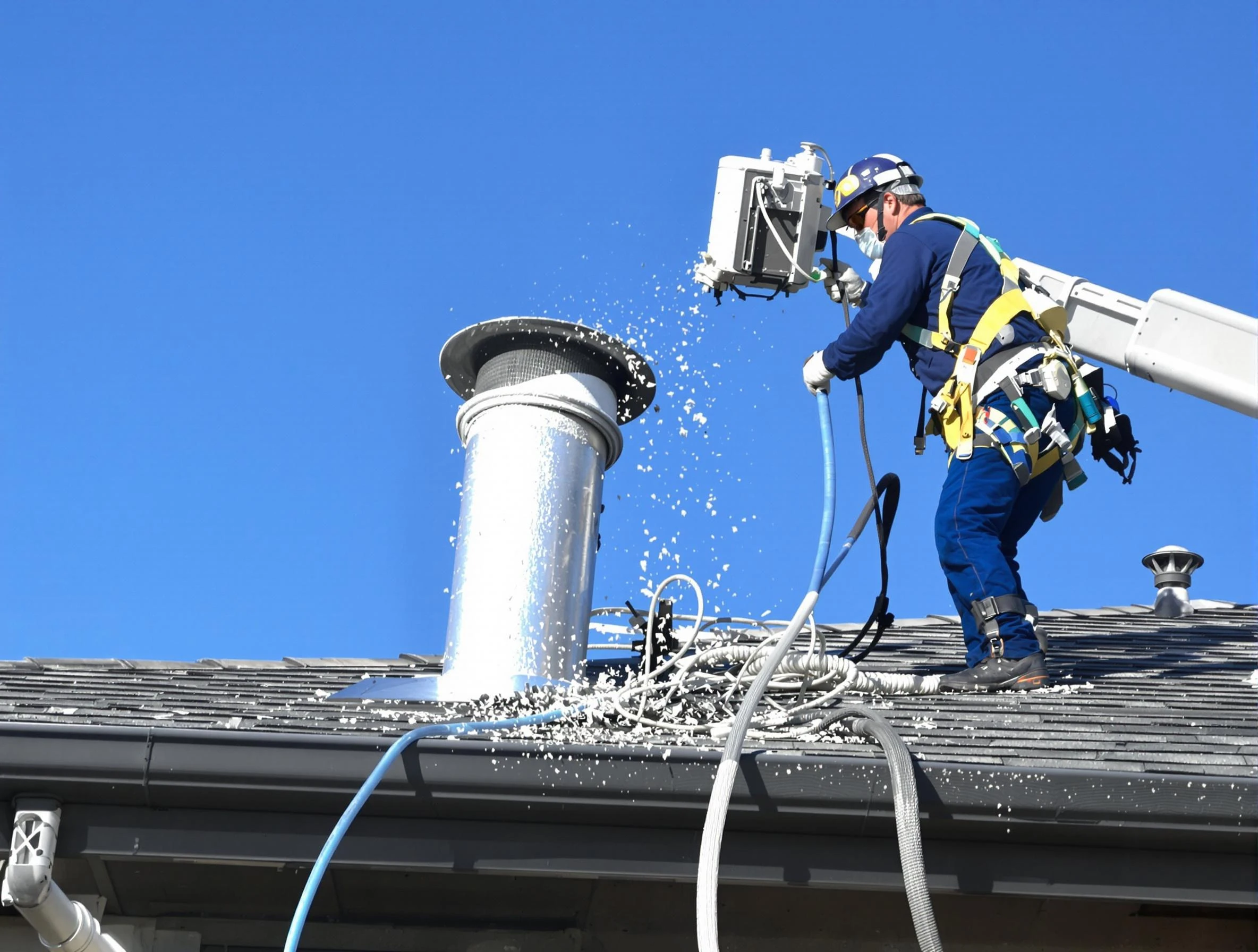 Milliken Dryer Vent Cleaning certified technician safely cleaning a roof-mounted dryer vent in Milliken